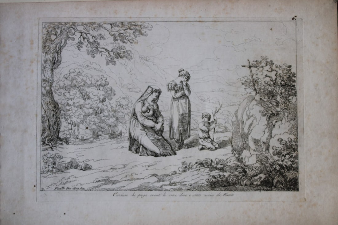 Ciociara che prega avanti la croce by B Pinelli 1809: This etching is from Raccolta di Cinquanta Costumi Pittoreschi incisi all acqua forte da Bartolomeo Pinelli Romano. Published by Lorenzo Lazzari, Rome 1809.This plate is entitled: Ciociara che prega a