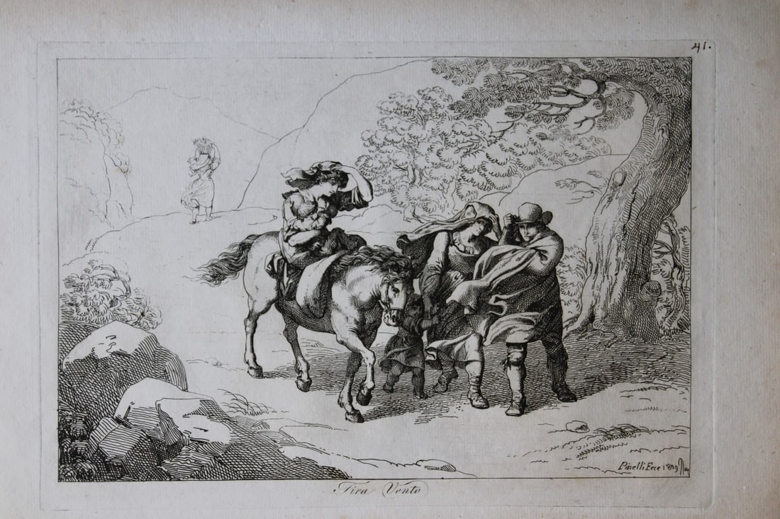 Fira Vento by B Pinelli 1809: This etching is from Raccolta di Cinquanta Costumi Pittoreschi incisi all acqua forte da Bartolomeo Pinelli Romano. Published by Lorenzo Lazzari, Rome 1809.This plate is entitled: Costumi di Casalbord