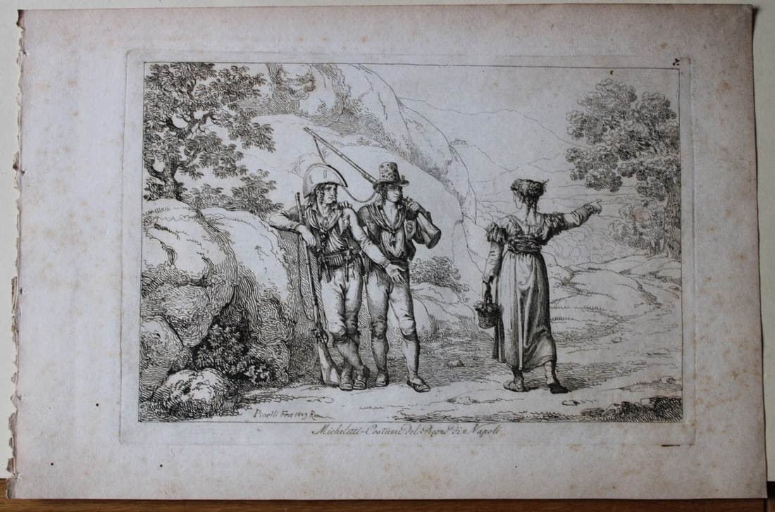 Costumi del Regno di Napoli by B Pinelli 1809: This etching is from Raccolta di Cinquanta Costumi Pittoreschi incisi all acqua forte da Bartolomeo Pinelli Romano. Published by Lorenzo Lazzari, Rome 1809.This plate is entitled: Micheletti - Costumi