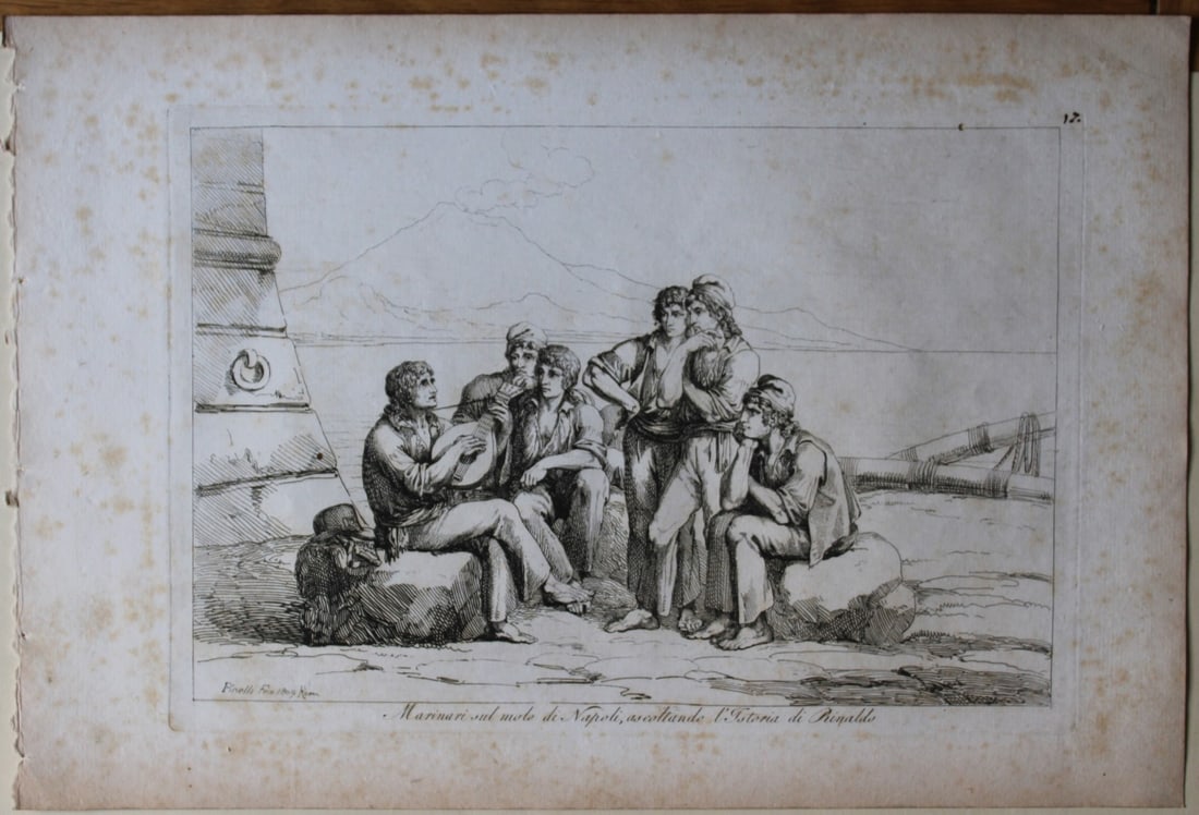 Marinari ascoltando l'Istoria by B Pinelli 1809: This etching is from Raccolta di Cinquanta Costumi Pittoreschi incisi all acqua forte da Bartolomeo Pinelli Romano. Published by Lorenzo Lazzari, Rome 1809.This plate is entitled: Marinari sul moto di
