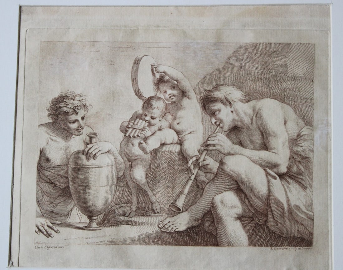 A Faun's Concert engraved by Bartolozzi c1765: A Faun's Concert after Carlo Cignani etched and engraved by Francesco Bartolozzi c1765. A naked infant faun plays the panpipes, a man with human legs but pointed ears plays a clarinet and a cherub tap
