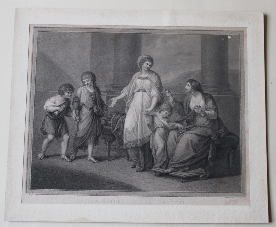 Cornelia engraved by Bartolozzi 1788: This stipple engraving of Cornelia, Mother of Gracchi is by Francesco Bartolozzi after Angelica Kauffman, dated 1788. Bartolozzi was born in 1727 and trained in his native Florence before moving to Ve