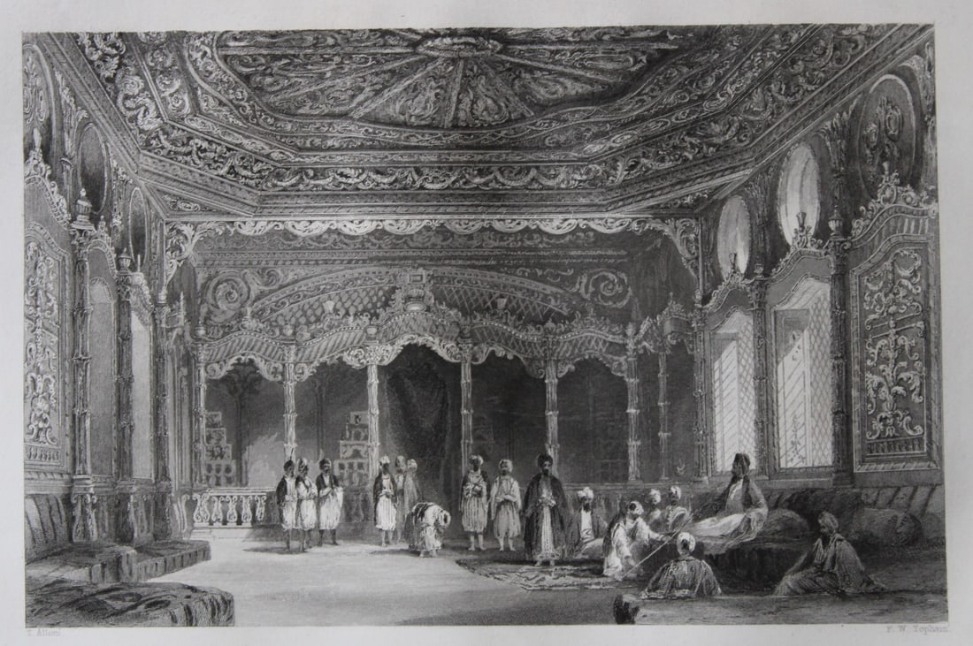 Audience with the Sultan by T Allom 1855: This engraving is from Histoire de l'Empire Ottoman depuis anciens jusqu’a nos jours (History of the Ottoman Empire from ancient times to the present day) by Theophile Lavallee. Published by Garnier