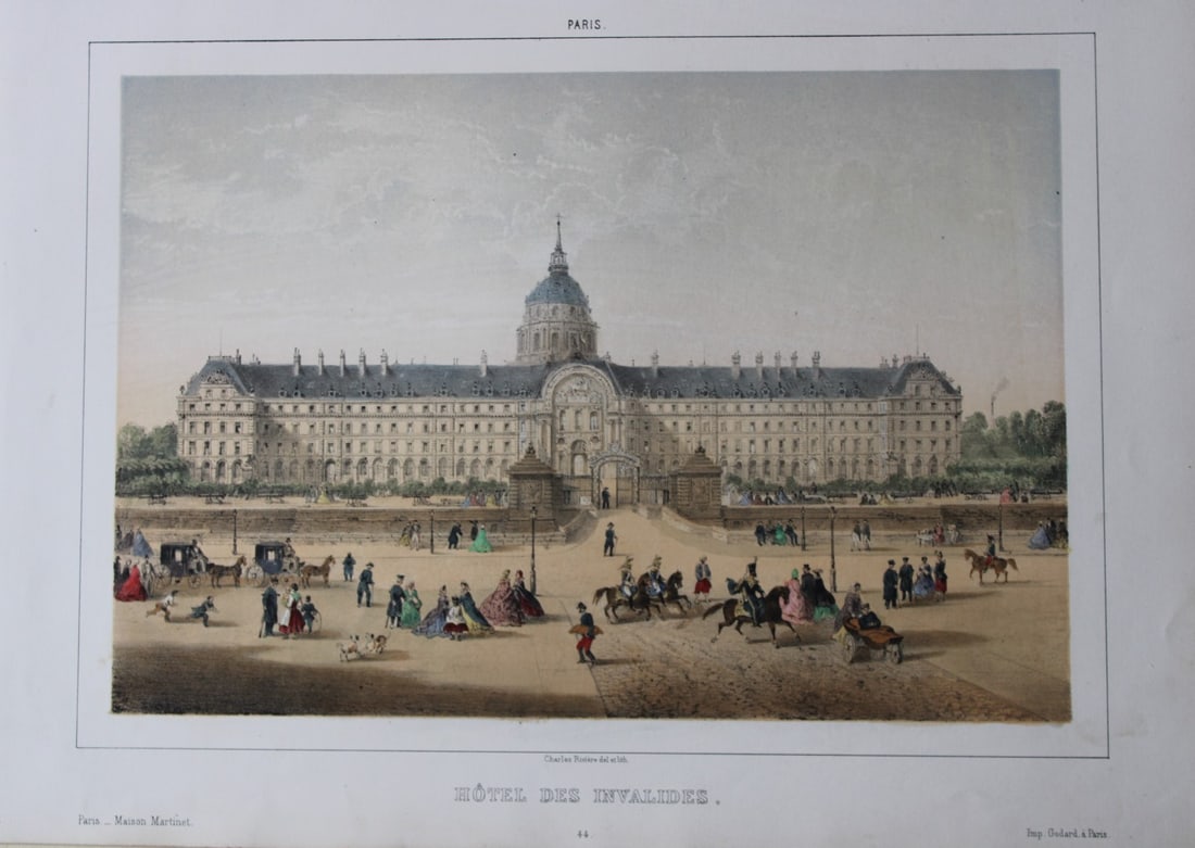 Hotel des Invalides by Charles Rivière 1855: This rare coloured lithograph is from Paris Moderne, Grand Album. Représentant les Vues et les Monuments les plus curieux de Paris et les Sites les plus remarquables des Environs. Published by Maison