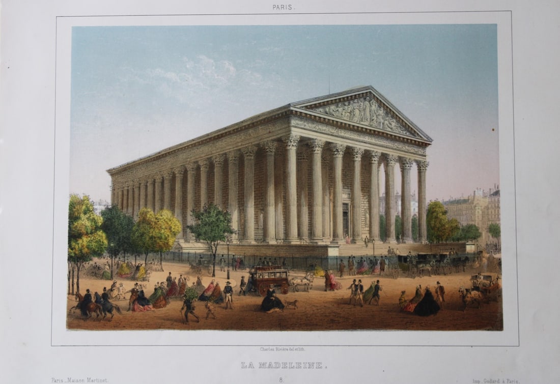 La Madeleine by Charles Rivière 1855: This rare coloured lithograph is from Paris Moderne, Grand Album. Représentant les Vues et les Monuments les plus curieux de Paris et les Sites les plus remarquables des Environs. Published by Maison