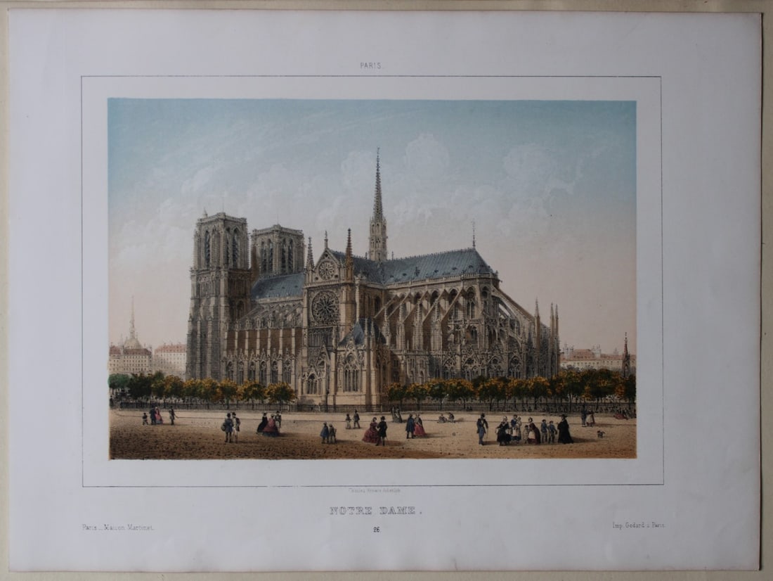 Notre Dame by Charles Rivière 1855: This rare coloured lithograph is from Paris Moderne, Grand Album. Représentant les Vues et les Monuments les plus curieux de Paris et les Sites les plus remarquables des Environs. Published by Maison