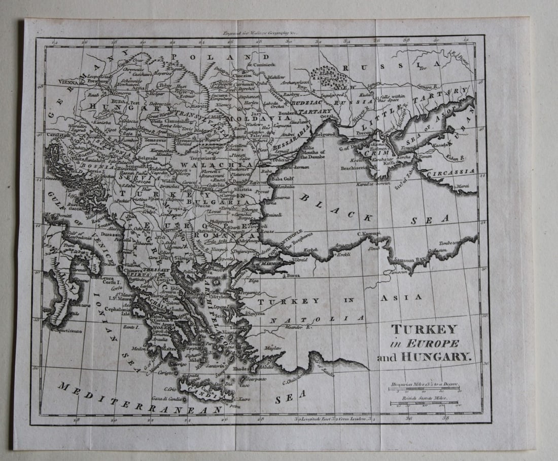 Turkey in Europe and Hungary by John Walker 1797: This antique copperplate engraved map of Turkey in Europe & Hungary is from the Elements of Geography by John Walker. published by Darton and Harvey, London 1797. Size: 7.75in x 9in (19.5cm x 23cm).