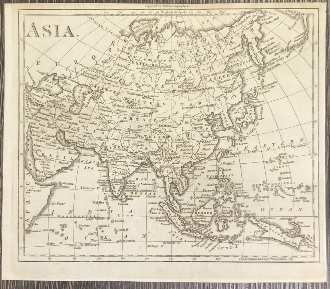 Asia by John Walker 1797: This antique copperplate engraved map of Asia is from the Elements of Geography by John Walker. published by Darton and Harvey, London 1797. Size: 7.75in x 9in (19.5cm x 23cm).