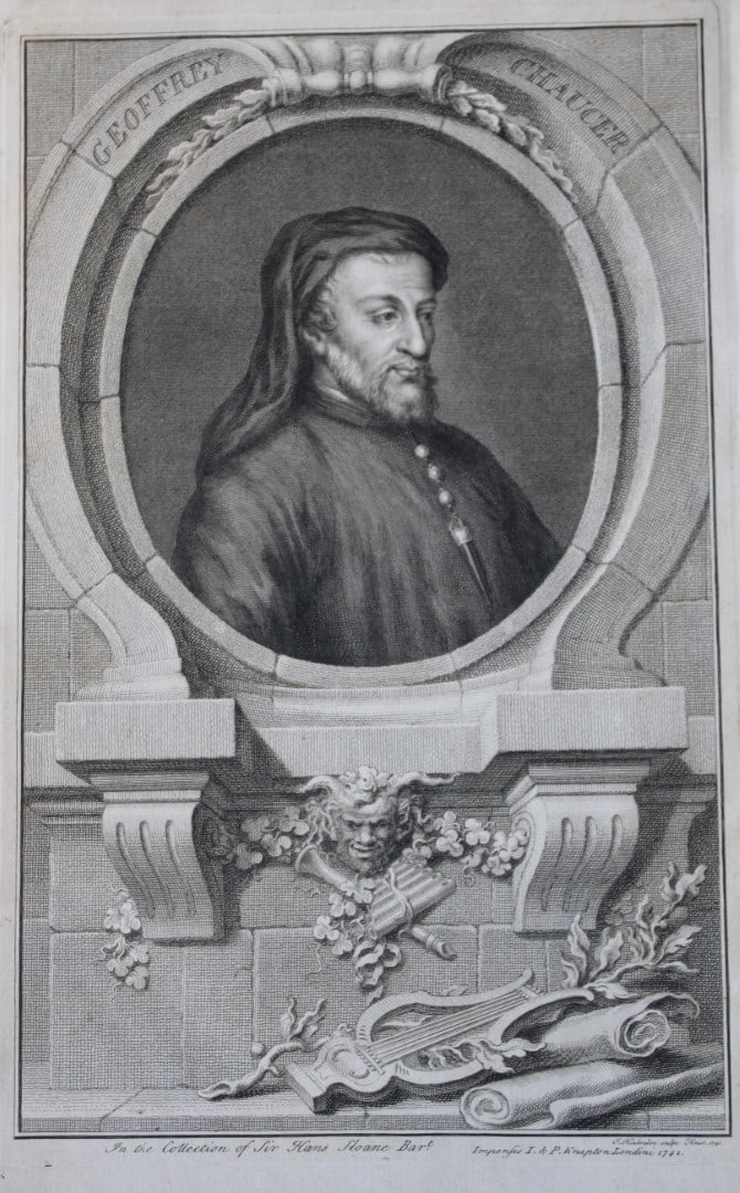Rare engraving of Geoffry Chaucer by Houbraken 1747: This engraving of Geoffry Chaucer is from The Heads of Illustrious Persons of Great Britain by Thomas Birch. Printed by John Knapton 1747, London. The engravings were by Jacobus Houbraken and George V