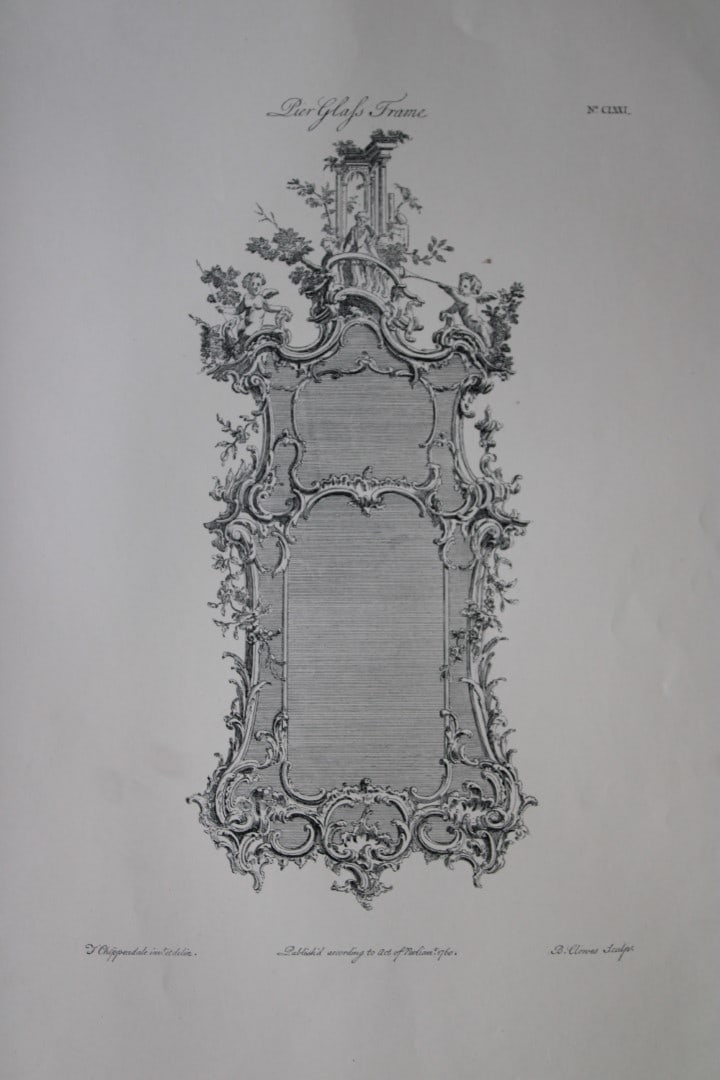 Pierglass Frames by Thomas Chippendale 1762: This engraving illustrates Pierglass (Mirror) Frames and is from the third edition of The Gentleman and Cabinet-Maker's Director: being a large collection of the most elegant and useful designs of hou