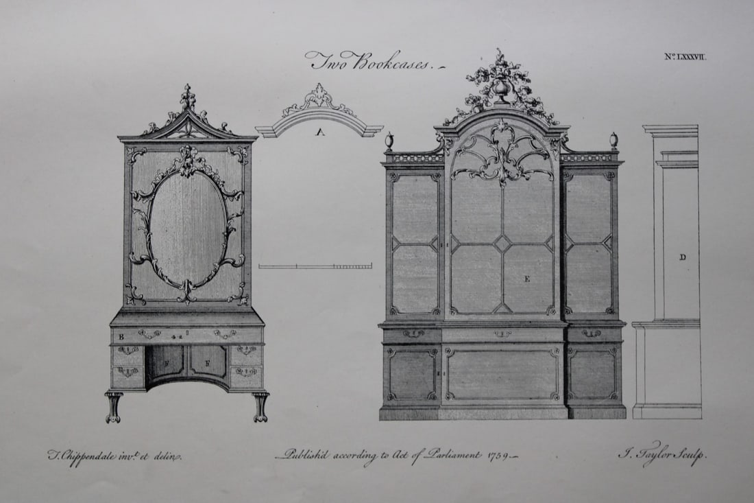 Bookcases by Thomas Chippendale 1762: This engraving illustrates Bookcases and is from the third edition of The Gentleman and Cabinet-Maker's Director: being a large collection of the most elegant and useful designs of household furniture