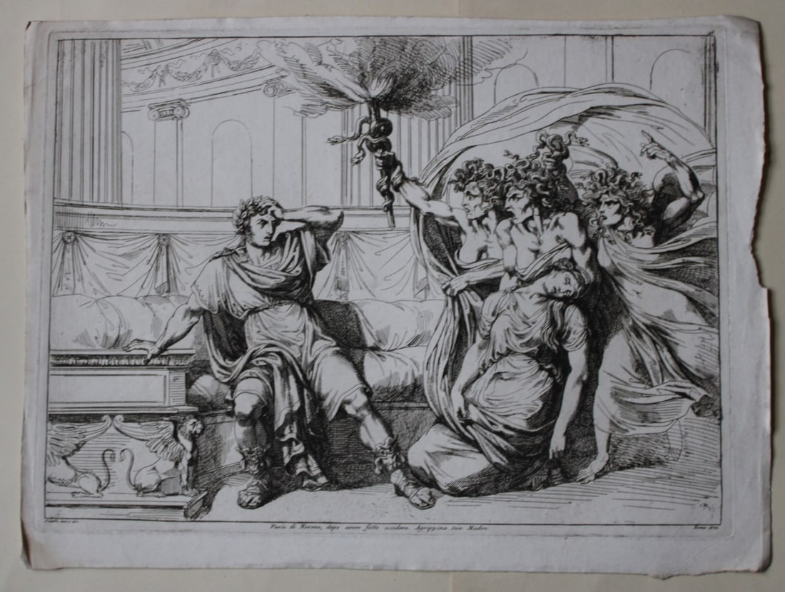 Furies of Nero after killing Agrippina by Pinelli 1822: This etching is from Istoria Romana (Roman History) by Bartolomeo Pinelli. Published by Presso Vincenzo Poggioli, Rome 1821.The full title of this work is Raccolta di No. 100 Soggetti Li Pi? Rimarchev