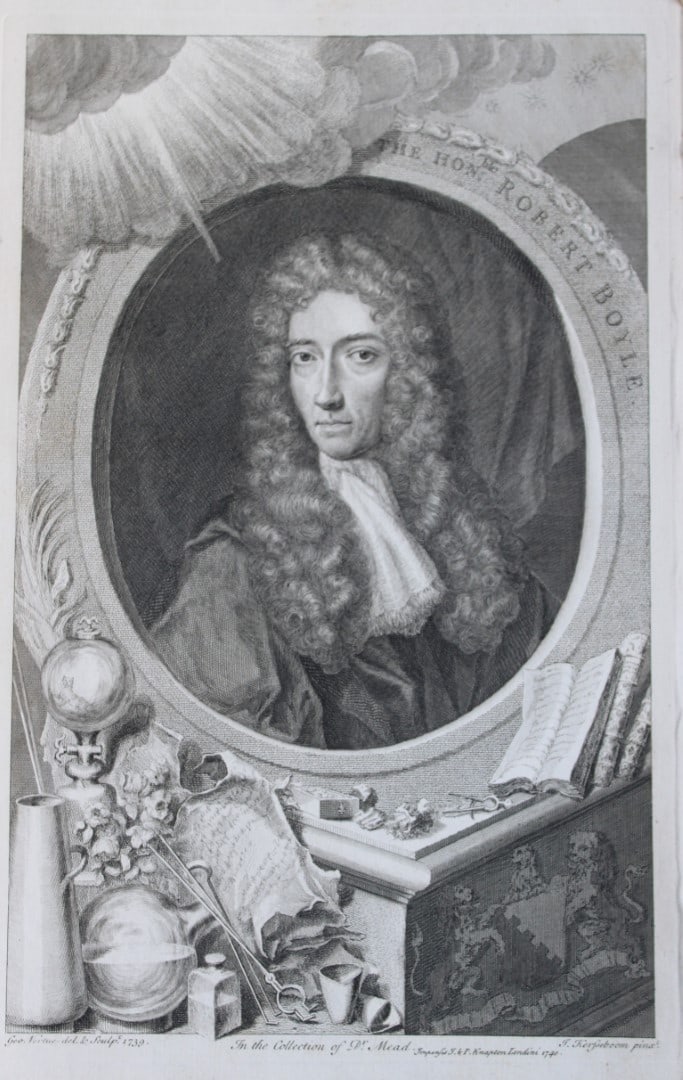 Robert Boyle by George Vertue 1747: This engraving of Robert Boyle is from The Heads of Illustrious Persons of Great Britain by Thomas Birch. Printed by John Knapton 1747, London. The engravings were by Jacobus Houbraken and George Vert