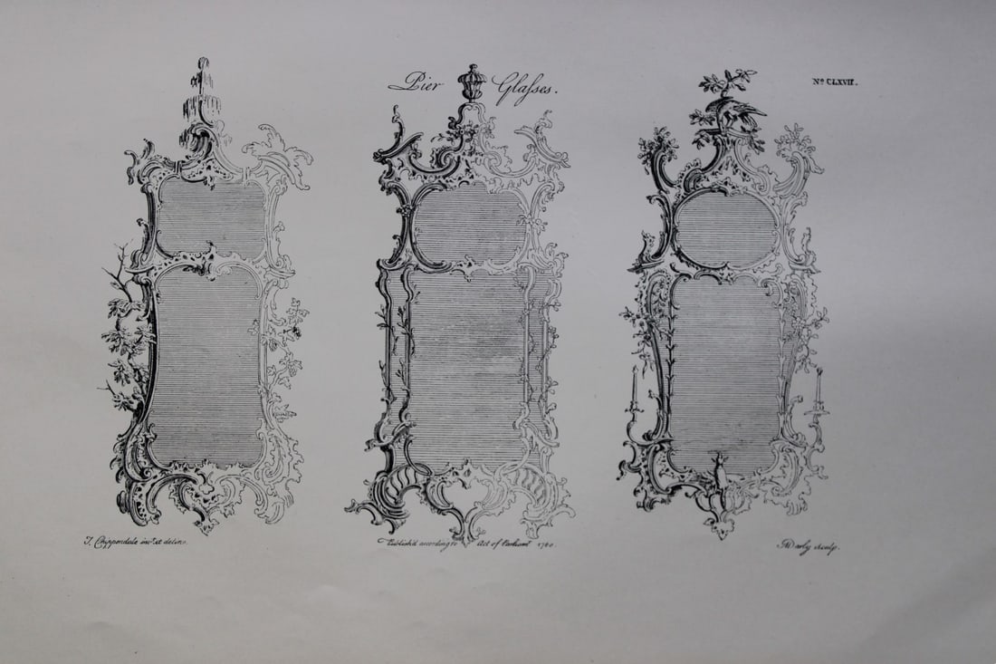 Pierglass Frames by Thomas Chippendale 1762: This copperplate engraving is from the third edition of The Gentleman and Cabinet-Maker's Director: being a large collection of the most elegant and useful designs of household furniture, in the most