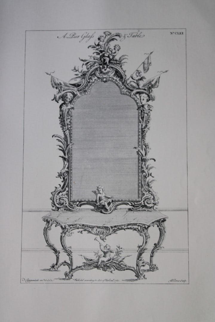 A Table & Pierglass by Thomas Chippendale 1762: This copperplate engraving is from the third edition of The Gentleman and Cabinet-Maker's Director: being a large collection of the most elegant and useful designs of household furniture, in the most