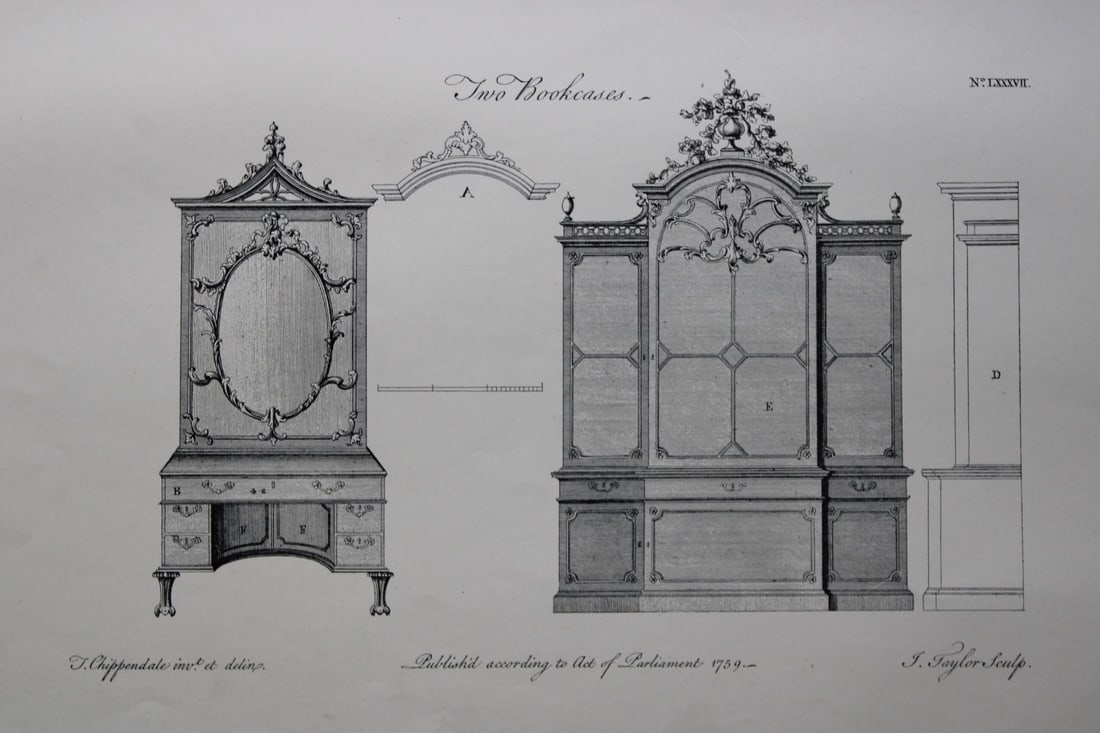 Bookcases by Thomas Chippendale 1762: This copperplate engraving is from the third edition of The Gentleman and Cabinet-Maker's Director: being a large collection of the most elegant and useful designs of household furniture, in the most