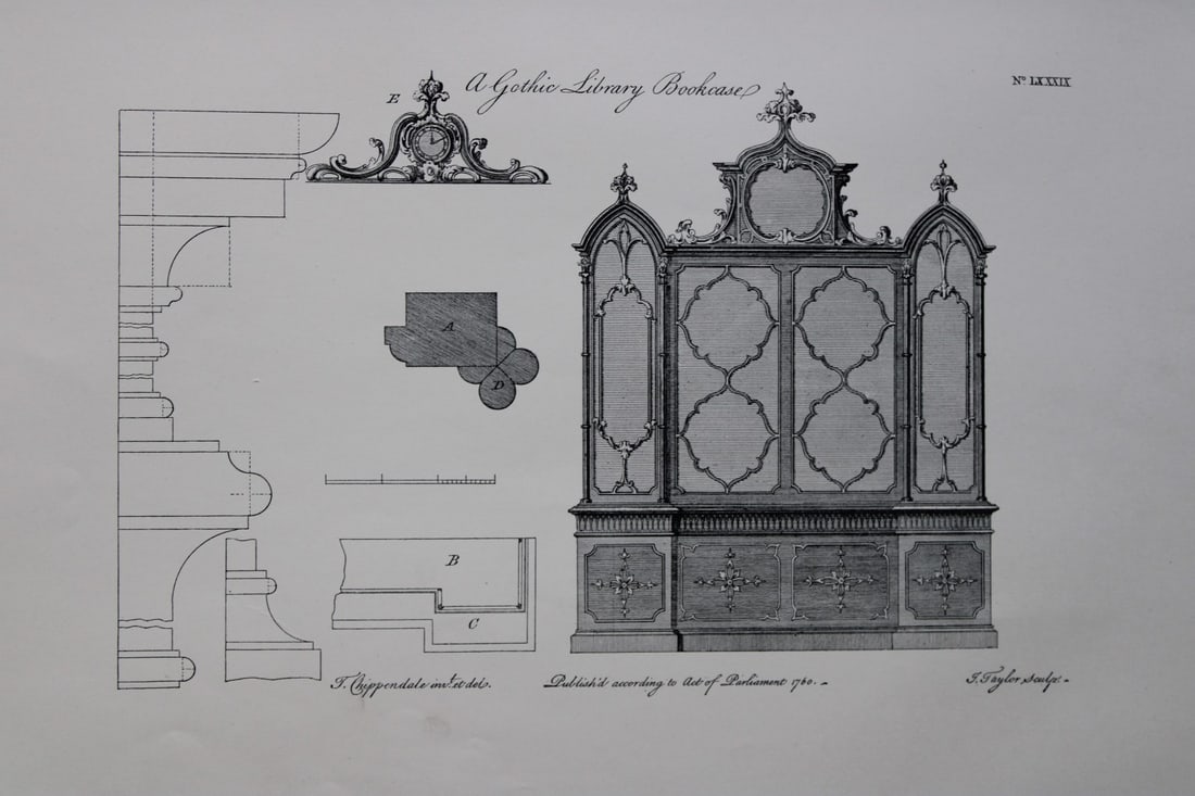 Gothick Bookcase by Thomas Chippendale 1762: This copperplate engraving is from the third edition of The Gentleman and Cabinet-Maker's Director: being a large collection of the most elegant and useful designs of household furniture, in the most