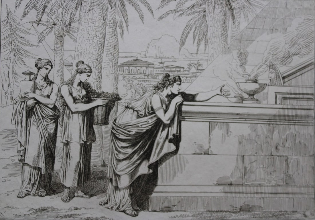 Cleopatra at the tomb of Mark Antony by B Pinelli 1821: This etching is from Istoria Romana (Roman History) by Bartolomeo Pinelli. Published by Presso Vincenzo Poggioli, Rome 1821.The full title of this work is Raccolta di No. 100 Soggetti Li Piu Rimarchev