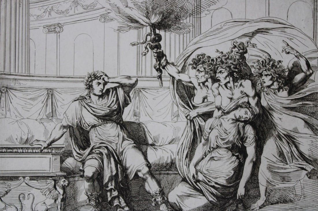Furies of Nero after killing Agrippina by Pinelli 1822: This etching is from Istoria Romana (Roman History) by Bartolomeo Pinelli. Published by Presso Vincenzo Poggioli, Rome 1821.The full title of this work is Raccolta di No. 100 Soggetti Li Piu Rimarchev