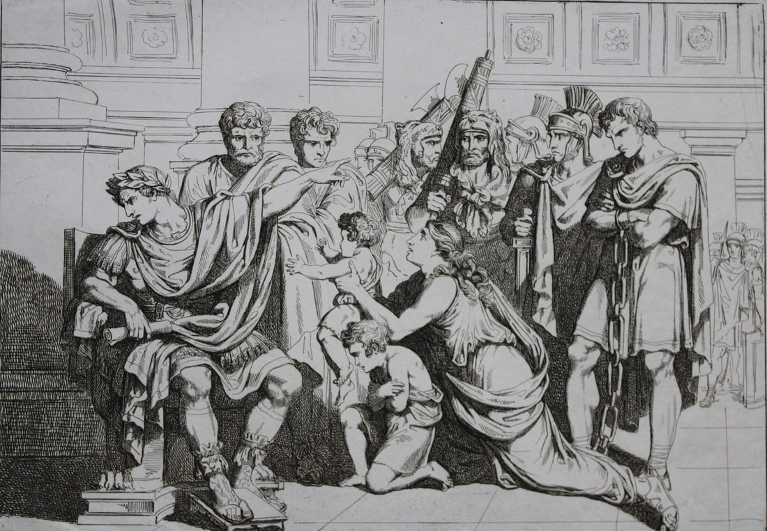 Gallus Sabrinus condemned to death by Pinelli 1824: This etching is from Istoria Romana (Roman History) by Bartolomeo Pinelli. Published by Presso Vincenzo Poggioli, Rome 1821.The full title of this work is Raccolta di No. 100 Soggetti Li Piu Rimarchev