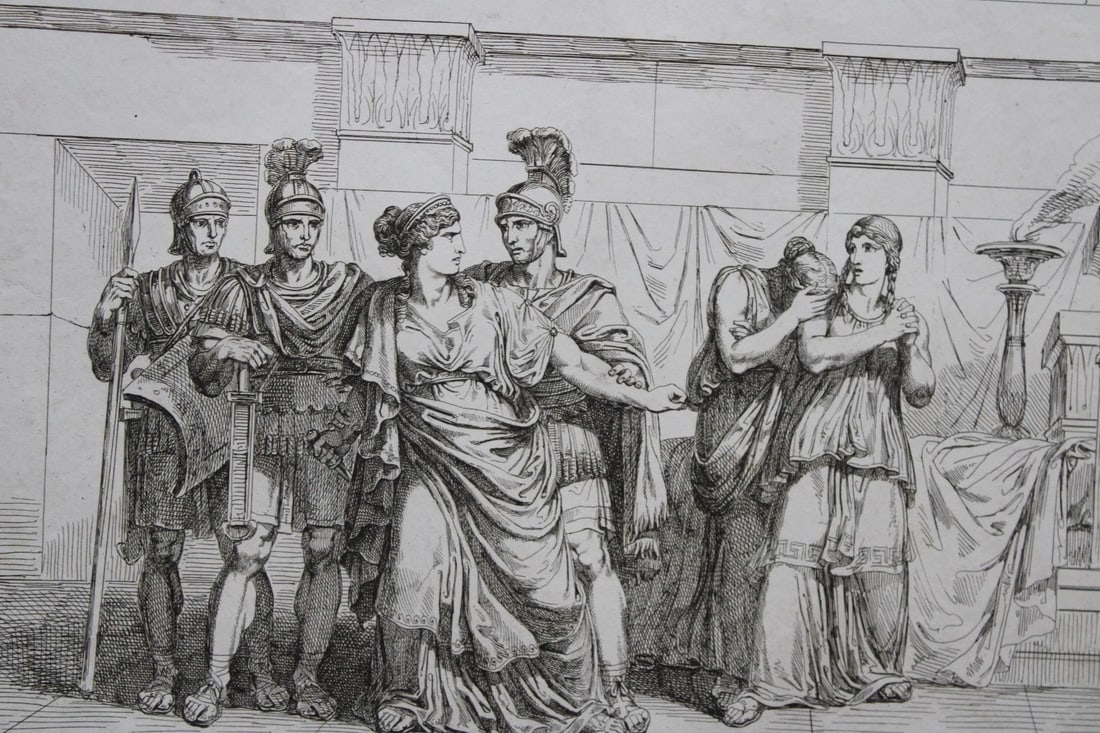 Cleopatra surprised by Proculejo by B Pinelli 1821: This etching is from Istoria Romana (Roman History) by Bartolomeo Pinelli. Published by Presso Vincenzo Poggioli, Rome 1821.The full title of this work is Raccolta di No. 100 Soggetti Li Piu Rimarchev