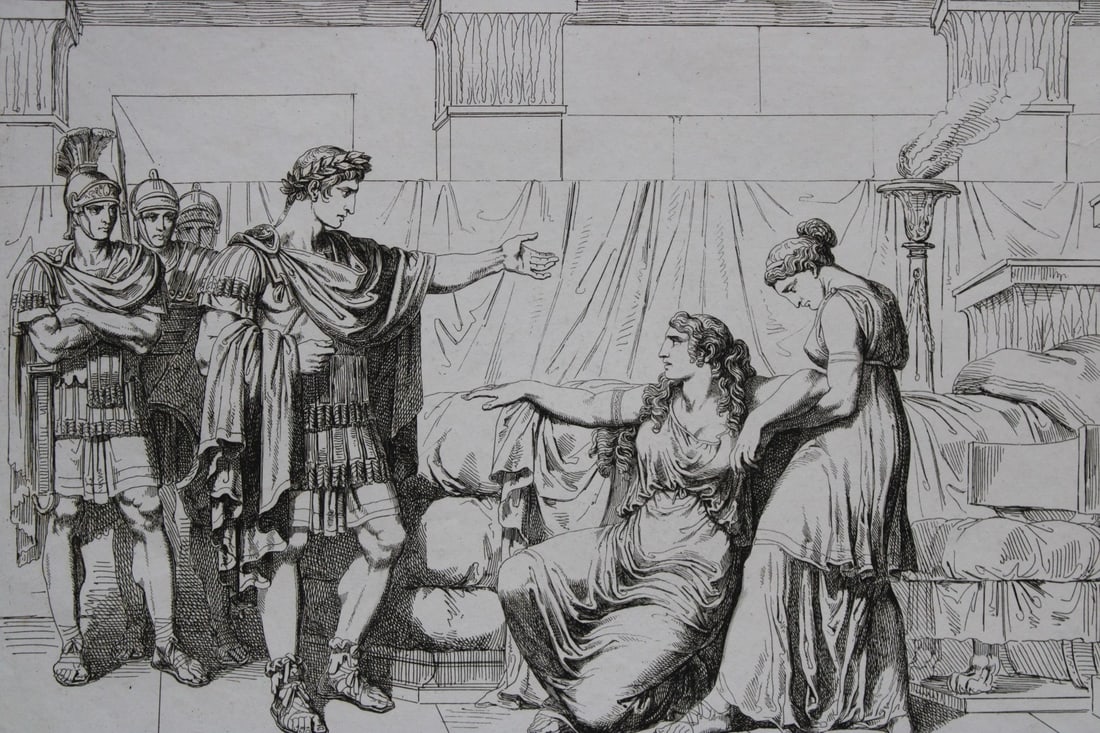 Octavian visits Cleopatra by B Pinelli 1822: This etching is from Istoria Romana (Roman History) by Bartolomeo Pinelli. Published by Presso Vincenzo Poggioli, Rome 1821.The full title of this work is Raccolta di No. 100 Soggetti Li Piu Rimarchev
