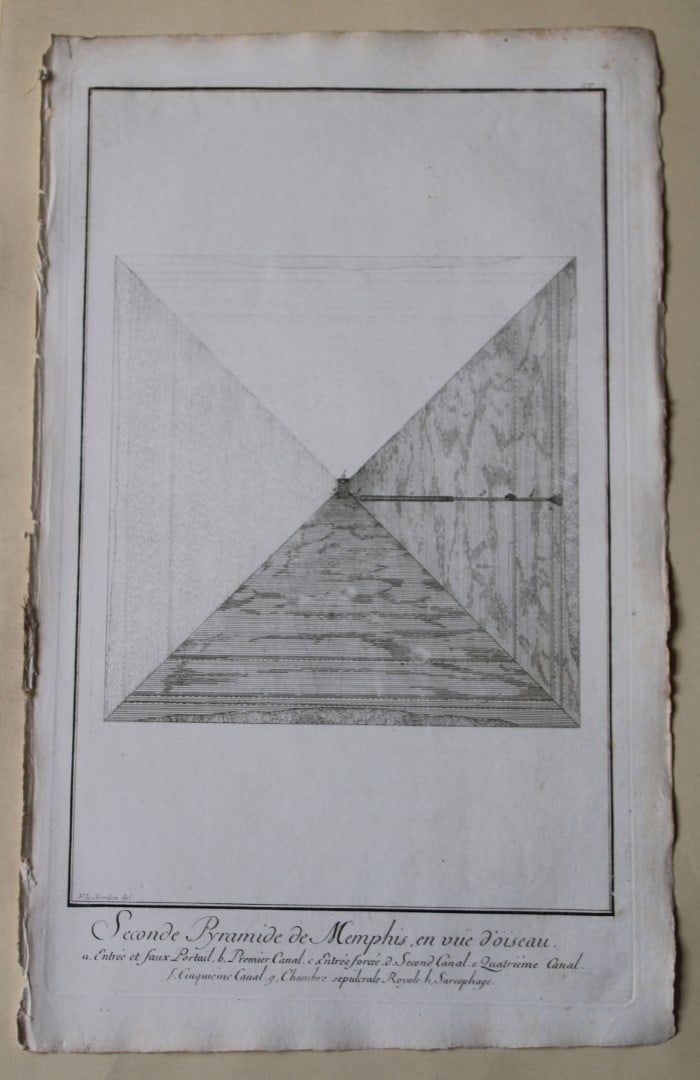 Second Pyramid of Memphis by Capt. FL Norden 1792: This copperplate engraving is from The Antiquities, Natural History, Ruins and Other Curiosities of Egypt, Nubia and Thebes by Frederic Lewis (or Ludvig) Norden. Printed for Edward Jeffreys,?London 17