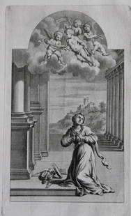 Rare engraving from school of Lodovico Carracci 1776: This rare copper engraving is from Il Claustro di S. Michele in Bosco di Bologna dipinto dal famoso Lodovico Carracci e da altri Eccellenti Maestri usciti Dalla Sua Scuola descritto ed illustrato da G