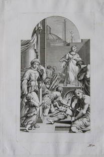 Rare engraving from school of Lodovico Carracci 1776: This rare copper engraving is from Il Claustro di S. Michele in Bosco di Bologna dipinto dal famoso Lodovico Carracci e da altri Eccellenti Maestri usciti Dalla Sua Scuola descritto ed illustrato da G
