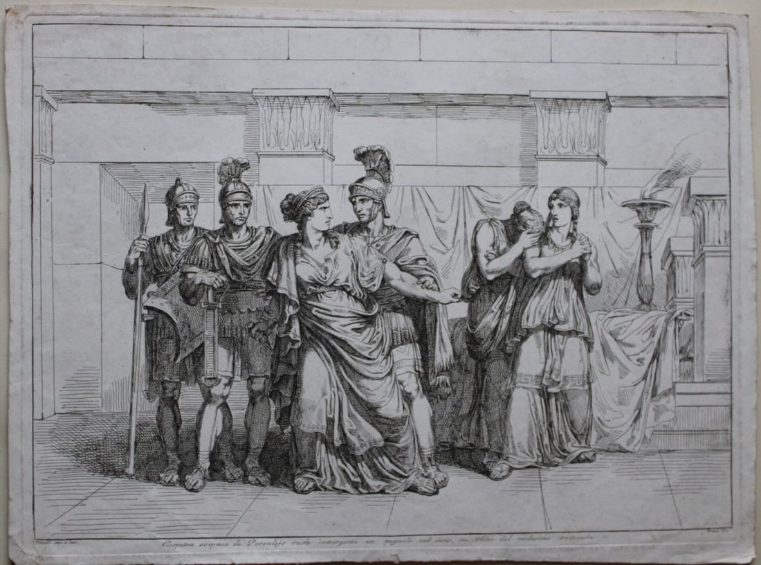 B Pinelli - 2 etchings of Cleopatra 1821: These etchings are from Istoria Romana (Roman History) by Bartolomeo Pinelli. Published by Presso Vincenzo Poggioli, Rome 1821.These plates are is entitled: 1. Ultimi gemiti di Cleopatra alla tomba di