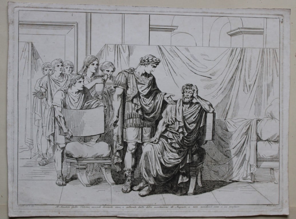 B Pinelli - 2 etchings from Istoria Romano 1821: These etchings are from Istoria Romana (Roman History) by Bartolomeo Pinelli. Published by Presso Vincenzo Poggioli, Rome 1821.These plates are is entitled: 1. Il Senatore Gallo Tetrino essendo divenu