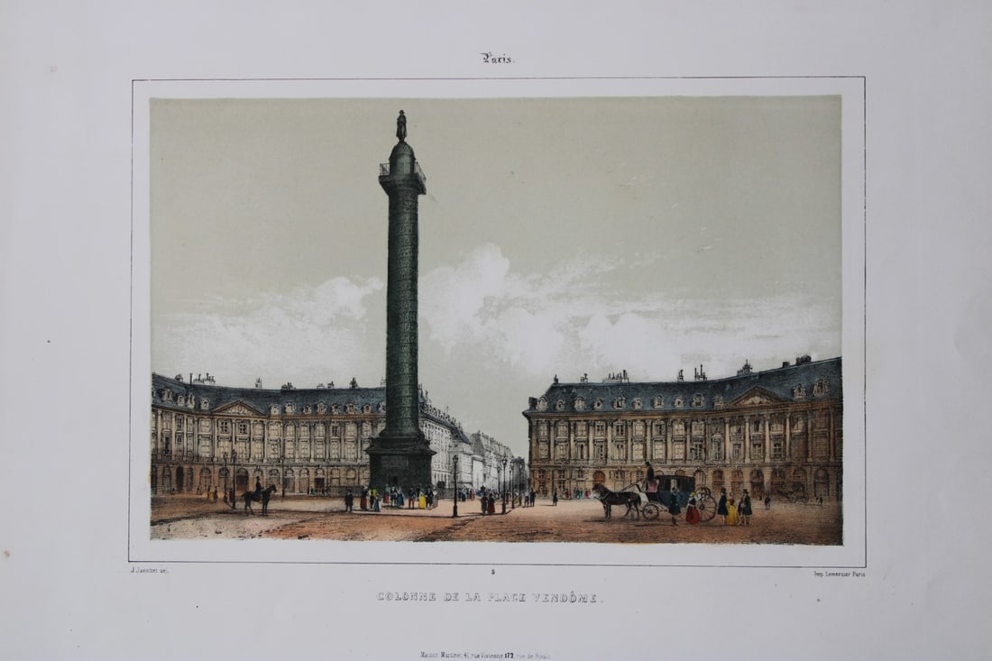 Charles Riviere - Colonne de la Place Vendome 1855: This rare coloured lithograph is from Paris Moderne, Grand Album. Representant les Vues et les Monuments les plus curieux de Paris et les Sites les plus remarquables des Environs. Published by Maison 