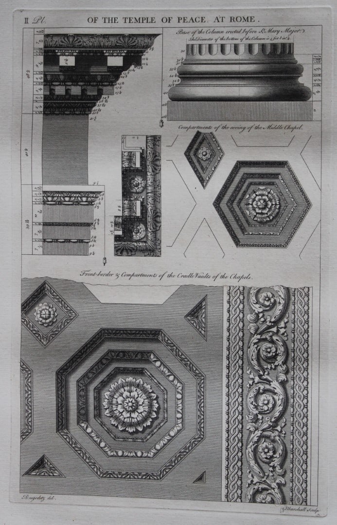 A Desgodetz - 2 engravings of The Temple of Peace 1771: These rare engravings are from Volume I of The Ancient Buildings of Rome: Accurately Measured and Delineated Architecture by Anthony Desgodetz, Architect. Published by George Marshall, London 1771. Th