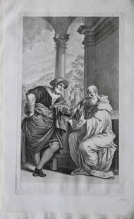 Lodovico Carracci - 2 engravings from St. Michele Bologna 1776: This rare copper engraving is from Il Claustro di S. Michele in Bosco di Bologna dipinto dal famoso Lodovico Carracci e da altri Eccellenti Maestri usciti Dalla Sua Scuola descritto ed illustrato da G