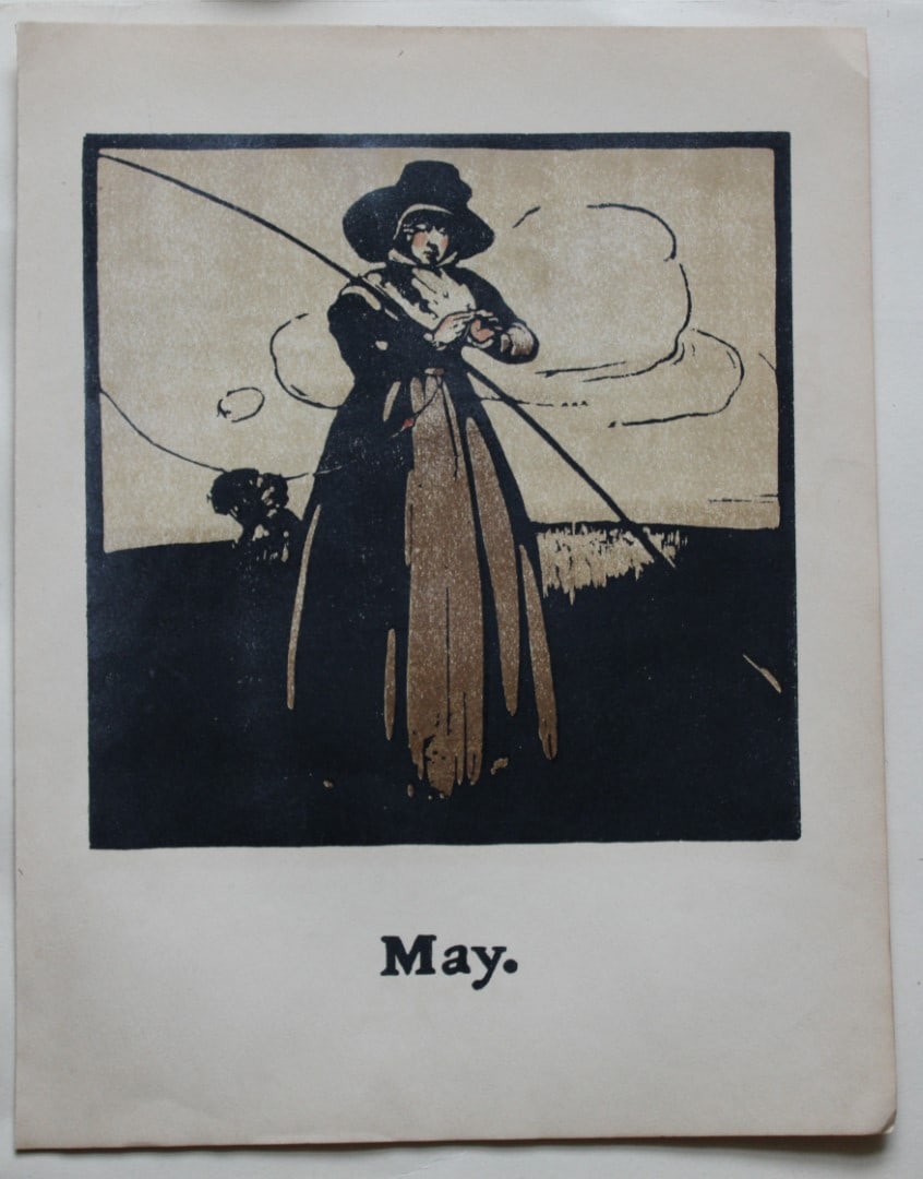 William Nicholson - May Fishing 1898: This print is for the month of May showing the sport of Fishing and is from An Almanac of Twelve Sports by William Nicolson with words by Rudyard Kipling. Published by William Heinemann, London 1898.O