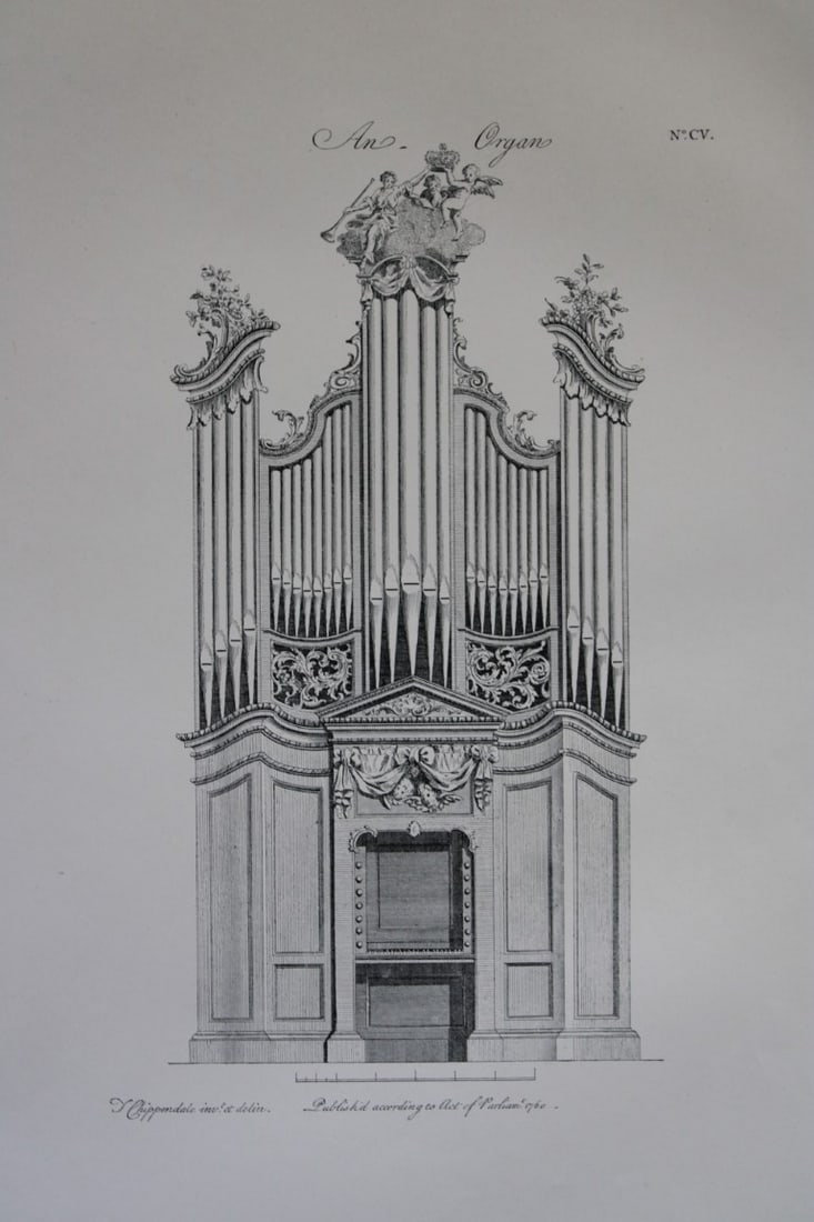 Thomas Chippendale - 4 engravings of Chamber Organs 1762: These copperplate engravings are from the third edition of The Gentleman and Cabinet-Maker's Director: being a large collection of the most elegant and useful designs of household furniture, in the mo