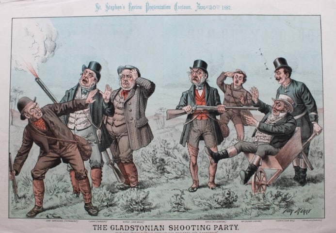 Tom Merry political cartoon - Shooting Party 1887: This double-page coloured lithograph THE GLADSTONIAN SHOOTING PARTY is from St Stephen?s review by Tom Merry (the pseudonym of William Mecham). Merry was a cartoonist and political satirist who create
