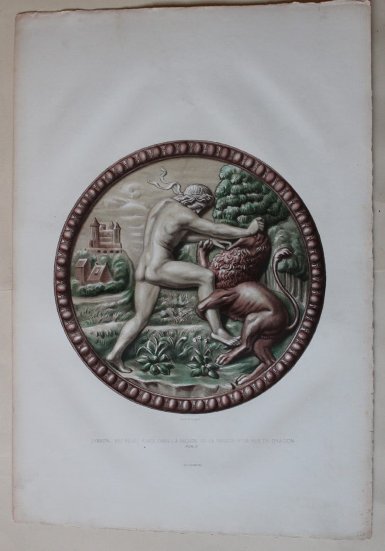 Delange and Bornemann - Samson, bas-relief 1862: This lithograph is of Samson, bas-relief place dans la fa?ade de la maison no. 24 rue du Dragon, Paris is from Monographie de L?Oeuvre de Bernard Palissy suivie d'un Choix de ses Continuateurs ou Imit