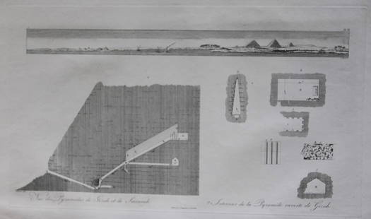 Baron Dominique Vivant Denon - Views of the Pyramids at Giza 1807: This engraving of Vues des Pyramides de Gizeh is plate 6 from the Voyage dans la Basse et la Haute-Egypte pendant les campagnes du General Bonaparte by Dominique Vivant Denon. Published by Samuel Bags
