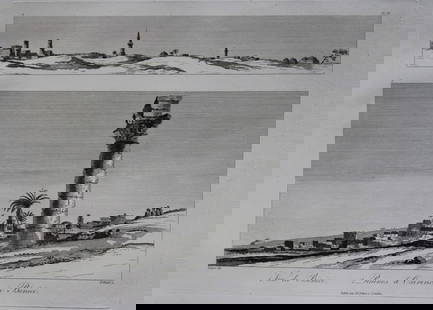 Baron Dominique Vivant Denon - Views of Benece & Oxyrthynchos 1807: This engraving of 1. Vue de Benece; 2. Ruines d'Oxirincus Oxyrhynchos a Benece is plate 9 from the Voyage dans la Basse et la Haute-Egypte pendant les campagnes du General Bonaparte by Dominique Vivan