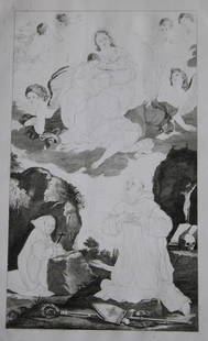 Lodovico Carracci - 2 engravings from St. Michele Bologna 1776: This rare copper engraving is from Il Claustro di S. Michele in Bosco di Bologna dipinto dal famoso Lodovico Carracci e da altri Eccellenti Maestri usciti Dalla Sua Scuola descritto ed illustrato da G