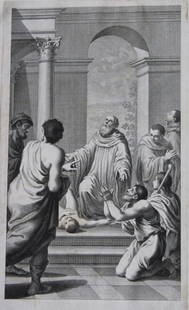 Lodovico Carracci - 2 engravings from St. Michele Bologna 1776: This rare copper engraving is from Il Claustro di S. Michele in Bosco di Bologna dipinto dal famoso Lodovico Carracci e da altri Eccellenti Maestri usciti Dalla Sua Scuola descritto ed illustrato da G