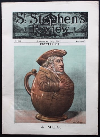 Tom Merry political cartoon - A mug 1887: This single page coloured lithograph of a cover page showing A MUG is from St Stephen?s review by Tom Merry (the pseudonym of William Mecham). Merry was a cartoonist and political satirist who created
