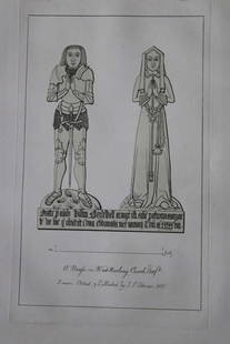 2 Sepulchral Brasses by JS Cotman 1819: These original 204-year-old etchings at Ketteringham Church and West Herling Church, Norfolk are from the first edition of Engravings of Sepulchral Brasses in Norfolk by John Sell Cotman. Published in