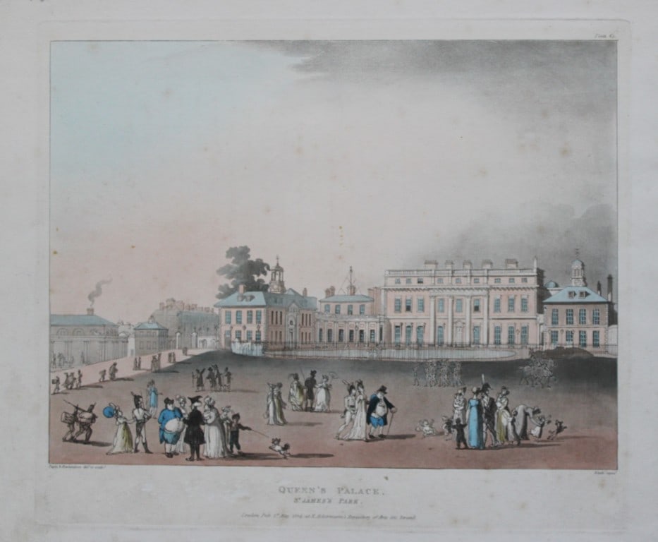 Rowlandson and Pugin - Queen?s Palace, St James?s Park 1808.: This hand-coloured aquatint of the Queen?s Palace, St James?s Park is by Thomas Rowlandson and Augustus Charles Pugin, dated 1808. This aquatint engraving is from The Microcosm of London, published by