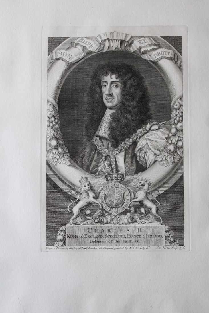 George Vertue - Rare folio engraving of Charles II 1736 (1 of 2)