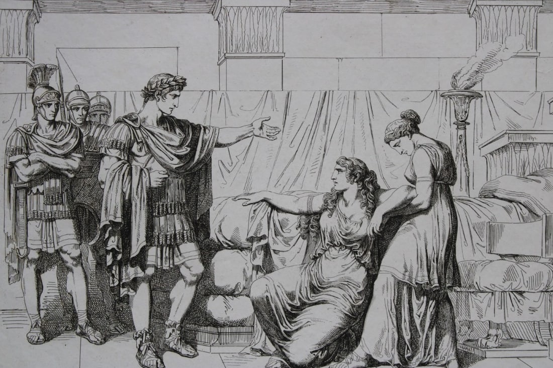 B Pinelli - Folio etching Octavius and Cleopatra from Istoria Romano 1821: This etching is from Istoria Romana (Roman History) by Bartolomeo Pinelli. Published by Presso Vincenzo Poggioli, Rome 1821.The plate is entitled Ottaviano visita Cleopatra mentre lei abbatuta dalle s