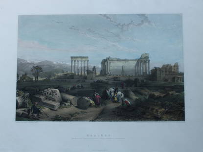 David Roberts - Baalbec engraved by John Pye c1890: This coloured steel engraving of Baalbec - Ruins of the Temple of the Sun (Mt. Lebanon in the Distance) is by John Pye, the Younger after a painting by David Roberts RA (1796 ? 1864).Published by Cass