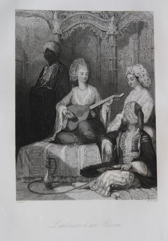 Thomas Allom - Harem interior, Ottoman Empire engraving 1855: This engraving is from Histoire de l'Empire Ottoman depuis anciens jusqu’a nos jours (History of the Ottoman Empire from ancient times to the present day) by Theophile Lavallee. Published by Garnier