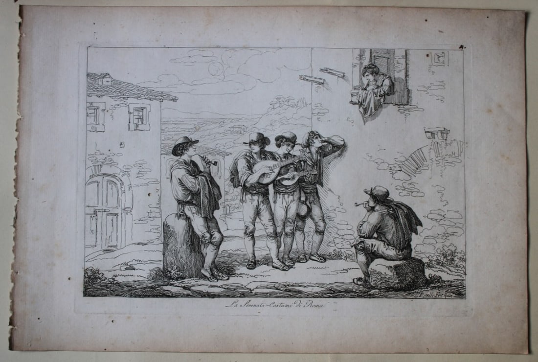 La Serenata Costumi di Roma by B Pinelli from Costumi Pittoreschi 1809: This etching is from Raccolta di Cinquanta Costumi Pittoreschi incisi all acqua forte da Bartolomeo Pinelli Romano. Published by Lorenzo Lazzari, Rome 1809.This plate is entitled: La Serenata Costumi